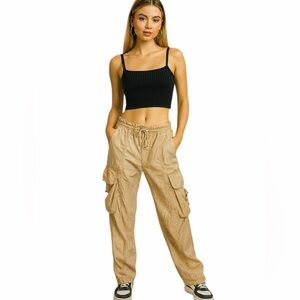 9/15 Saks Fifth Avenue Womens Tan 100% Silk Cargo Pants 90S Y2K Size 4